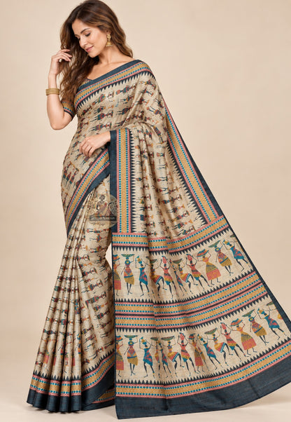 Front view of beige Ghicha Tussar silk saree with colourful folk-style figures and dark borders