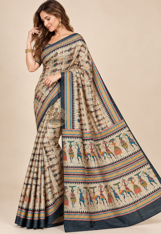 Front view of beige Ghicha Tussar silk saree with colourful folk-style figures and dark borders