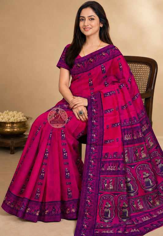 Front view of Rani Pink Baluchari Silk Saree draped on model, showcasing the vivid magenta silk body with handwoven navy figurative buti motifs of royal courtiers and celestial figures from Bengal's Bishnupur weaving tradition