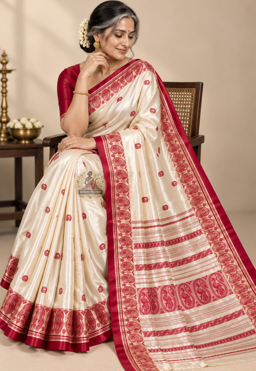 Front view of Bishnupur Garad silk saree showing warm natural ivory drape and traditional Bengal woven border for Durga Puja and weddings