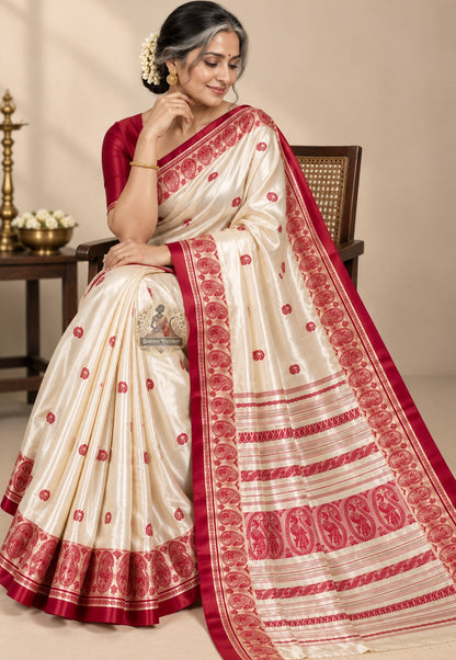 Front view of Bishnupur Garad silk saree showing warm natural ivory drape and traditional Bengal woven border for Durga Puja and weddings
