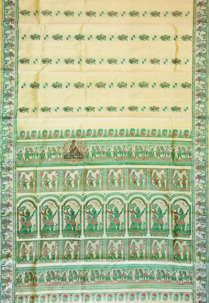 Close-up of Beige Baluchari silk pallu with hand-woven mythological figures — celestial dancers, royal processions and temple motifs — emerging from the warm beige silk ground