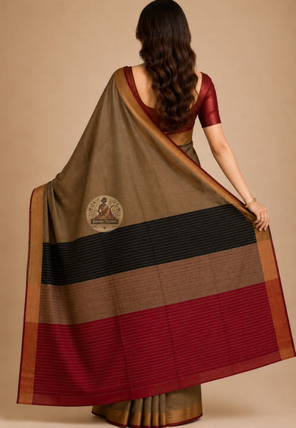 Side view of handloom Bishnupur Katan silk saree showing naturally lustrous Katan silk drape with quiet authority, tight heritage weave from Bishnupur's centuries-old loom tradition