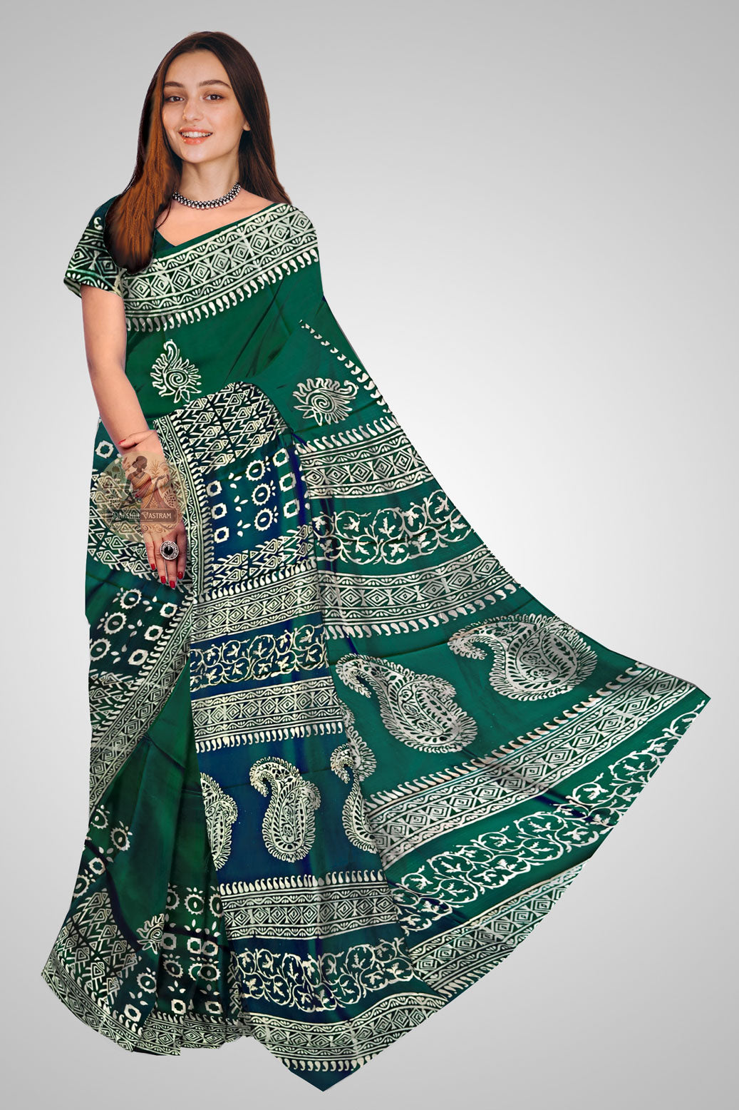 Buy Pure Silk Block Printed Saree online – Front view with intricate block work