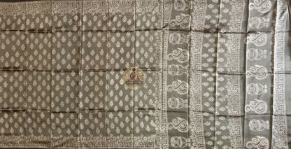 Rear view of Bishnupur Katan silk saree displaying hand block print pallu with floral and figurative compositions drawn from Bishnupur's Rasmancha and Shyamrai temple visual heritage
