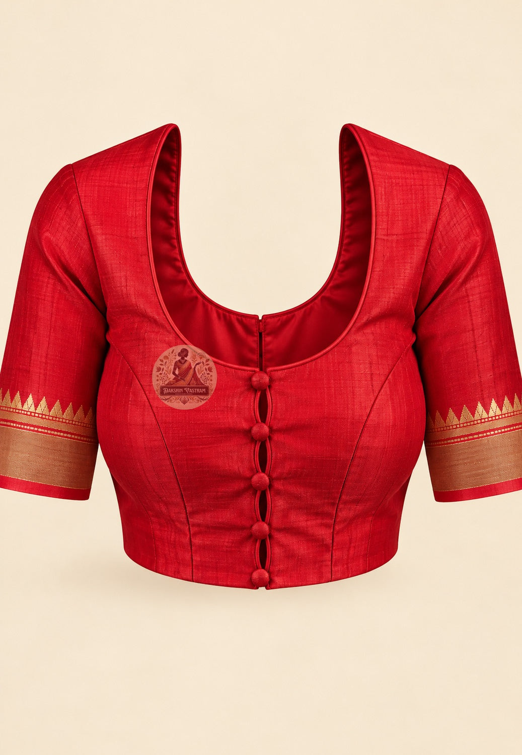 Blouse paired with mustard-yellow Bishnupur silk saree in a contrasting red shade