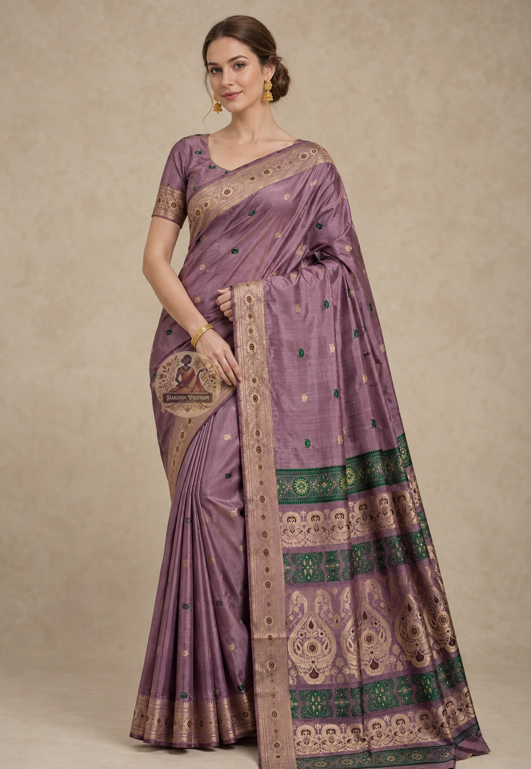 Front view of Swarnachari handloom silk saree with golden zari border declaring Bengal's soul through mythological and temple-art compositions stated without apology, West Bengal pit-loom