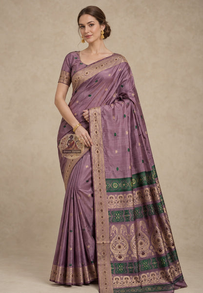 Front view of Swarnachari handloom silk saree with golden zari border declaring Bengal's soul through mythological and temple-art compositions stated without apology, West Bengal pit-loom