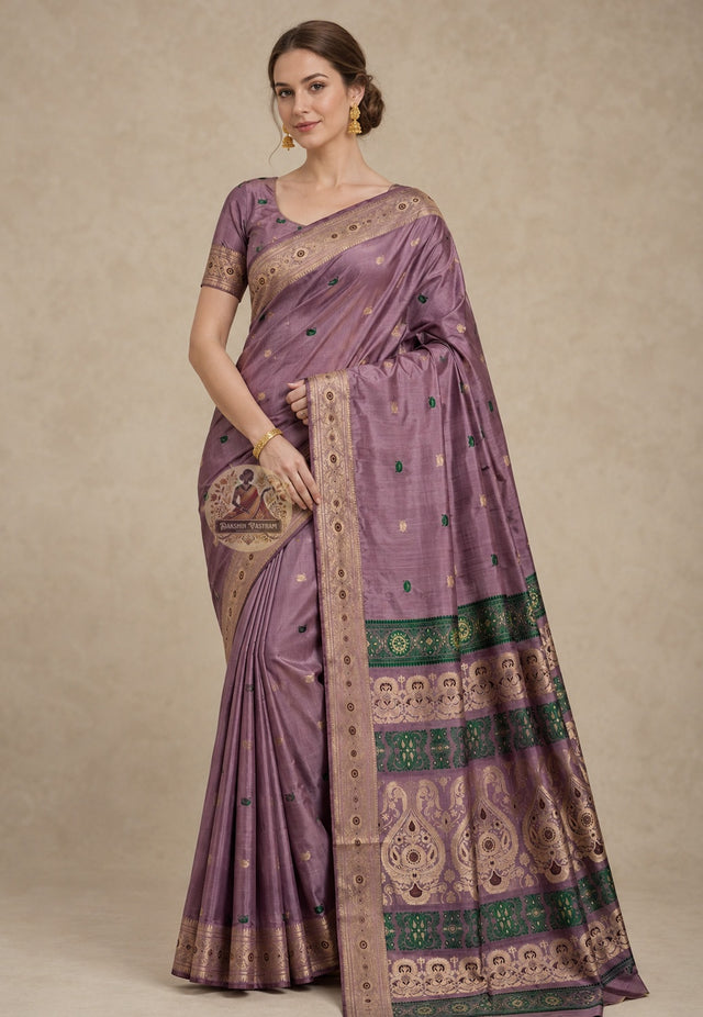 Front view of Swarnachari handloom silk saree with golden zari border declaring Bengal's soul through mythological and temple-art compositions stated without apology, West Bengal pit-loom