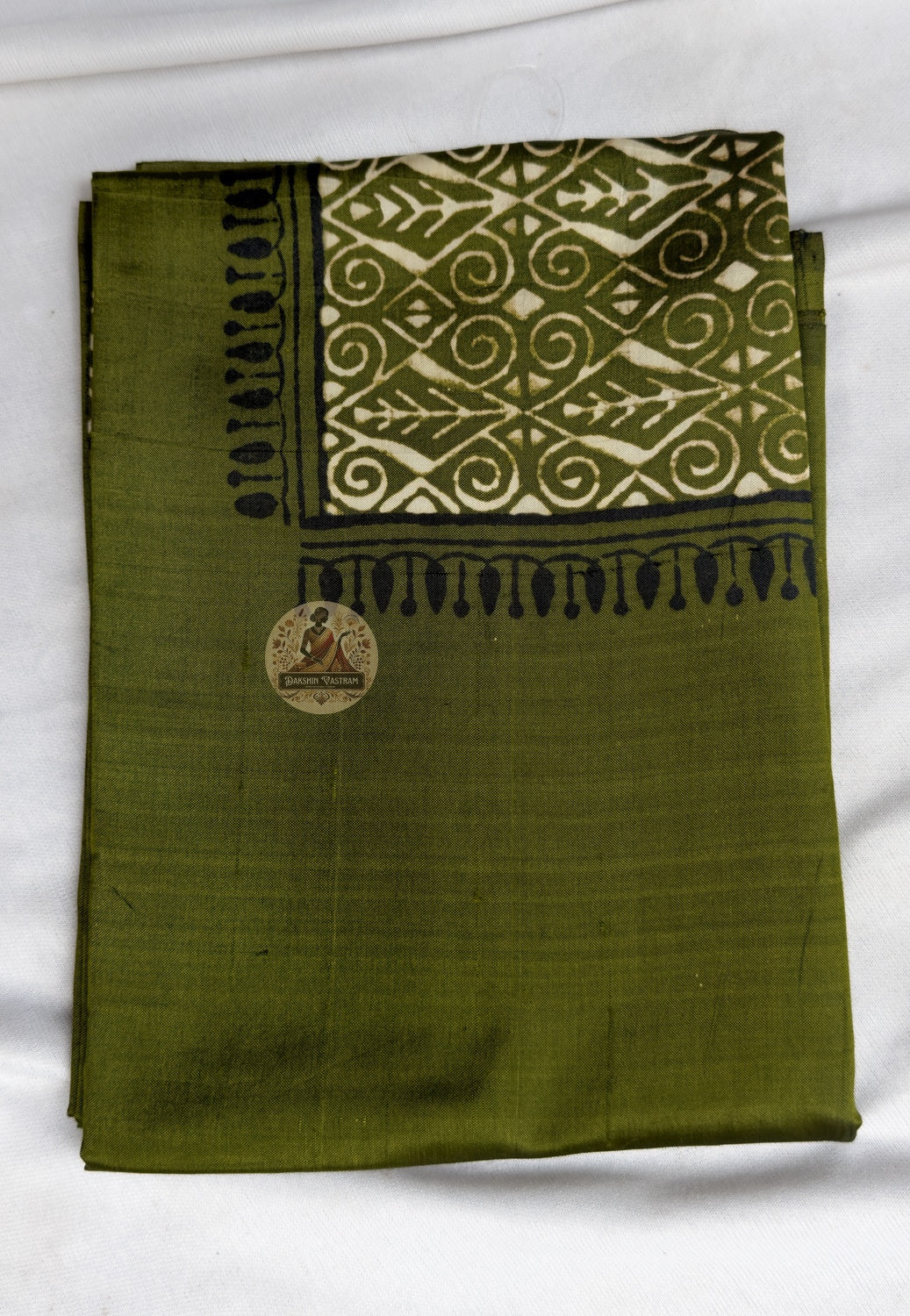 Close-up of hand block print motif detail on Baluchari Silk Kurti Piece Bishnupur Bengal terracotta inspired