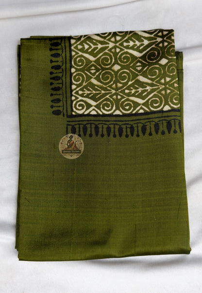 Close-up of hand block print motif detail on Baluchari Silk Kurti Piece Bishnupur Bengal terracotta inspired