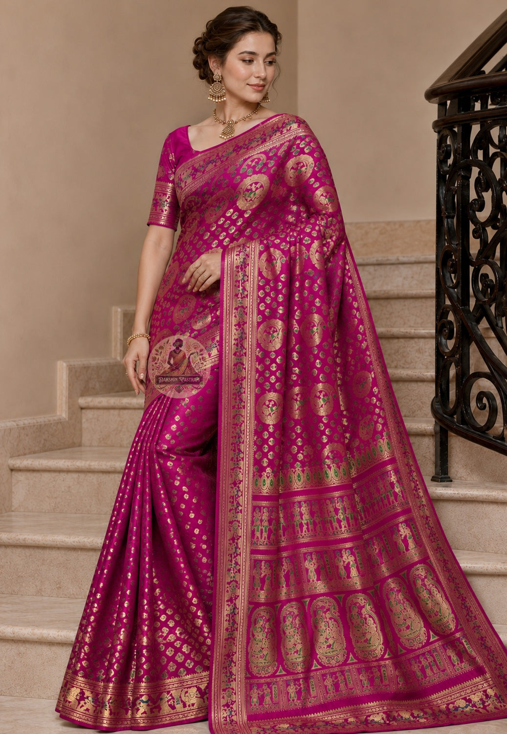 Front view of Swarnachari Silk Saree with pure golden zari Ardhanarishvara divine union and intertwined creeper border Bishnupur West Bengal