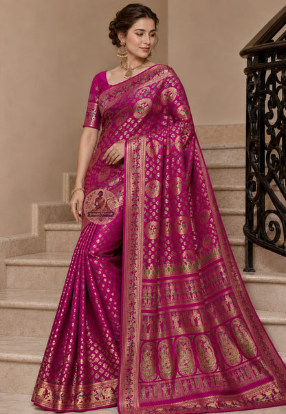 Front view of Swarnachari Silk Saree with pure golden zari Ardhanarishvara divine union and intertwined creeper border Bishnupur West Bengal