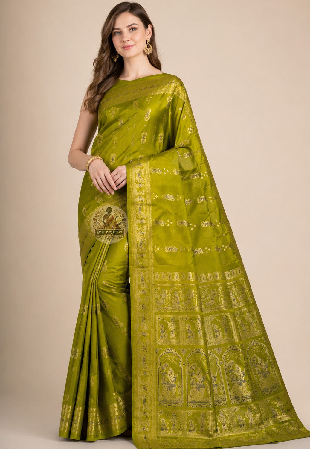 Front view of Swarnachari Silk Saree with pure golden zari Saraswati with veena and lotus medallion border West Bengal