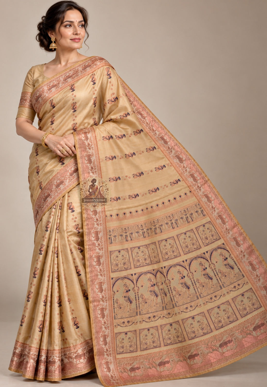 Front view of Bishnupur Swarnachari silk saree in cream with golden zari motifs, handwoven by master weavers in West Bengal