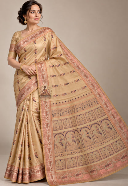 Front view of Bishnupur Swarnachari silk saree in cream with golden zari motifs, handwoven by master weavers in West Bengal