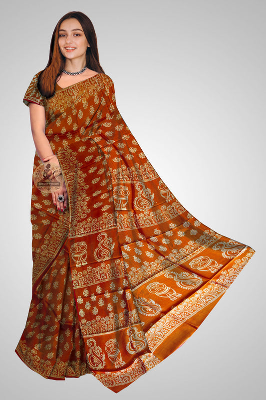 Buy Bishnupuri Katan Silk Block Print Saree online – Elegant front drape view