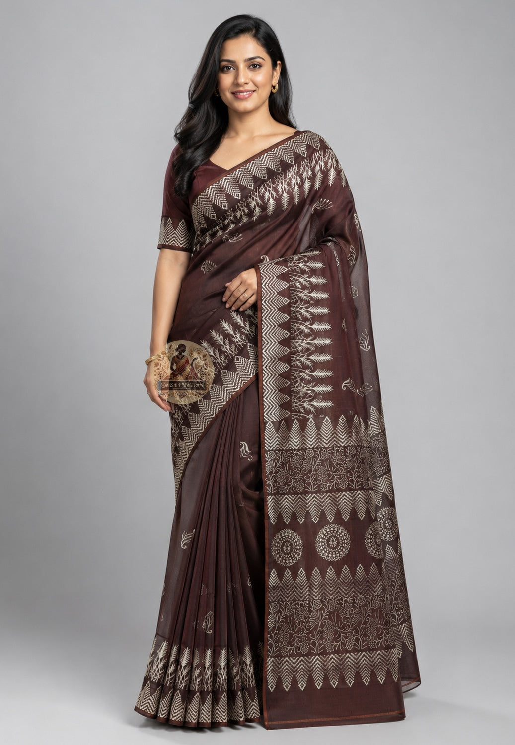 Side view of pure Katan Silk Bishnupur Saree showing the graceful fall and fluid drape of handwoven silk with ornate woven border detail