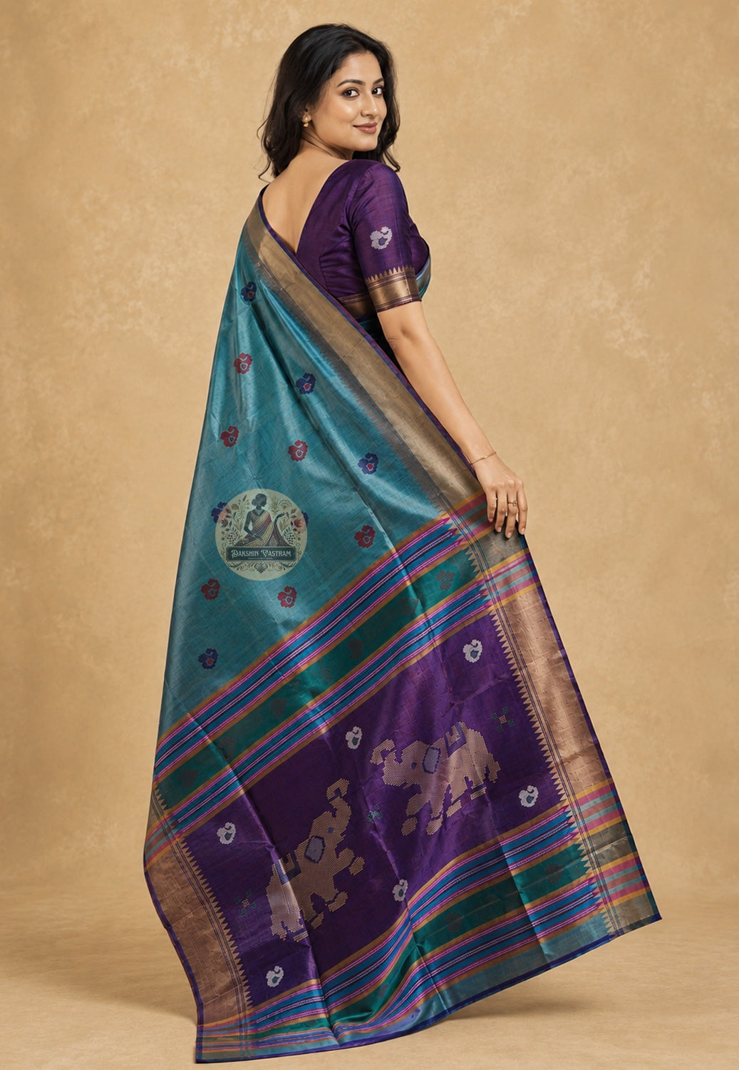 Side view of Bishnupur Pure Katan Silk Saree showing Dashami farewell drape and arc lattice zari handloom border