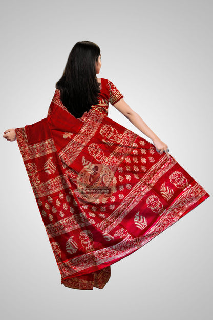 Buy Mulberry Bishnupuri Katan Silk Saree – Rear angle with elegant drape