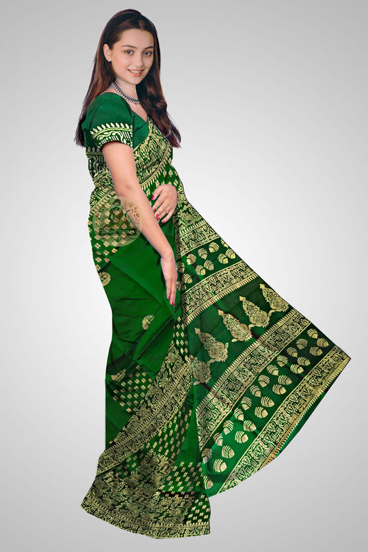 Shop Silk Block Printed Saree – Side drape showcasing artisan design