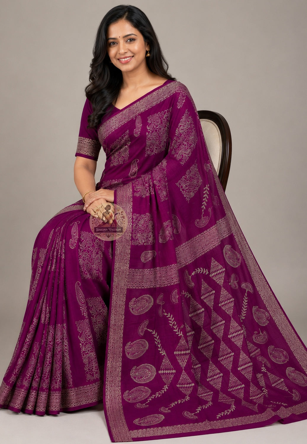 Front view of Bishnupur Katan Silk Saree handwoven by master artisans of West Bengal, draped elegantly showing the rich silk body and intricately woven traditional border