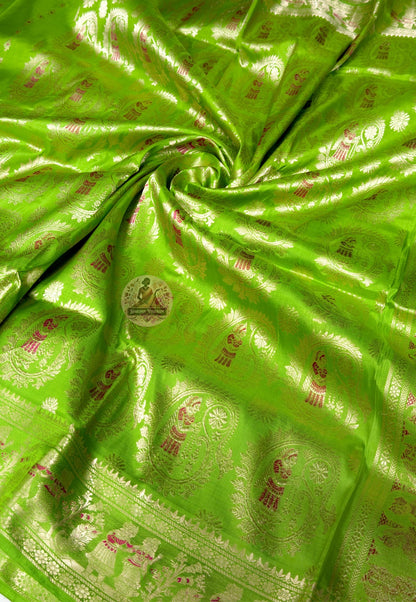 Close-up of pure golden zari Durga farewell Dashami vidai departure scene woven into pallu of Swarnachari Silk Saree Bishnupur craft