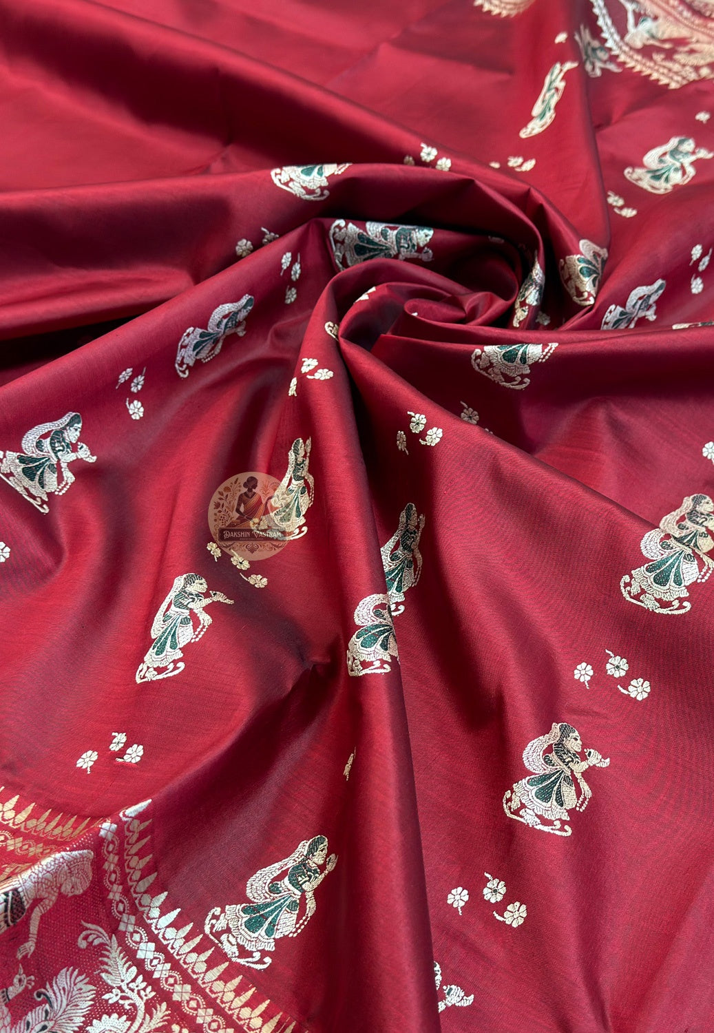 Detailed close-up of hand-woven border on Baluchari Silk Saree showing intricate Bishnupur weave patterns and fine pure silk thread craftsmanship