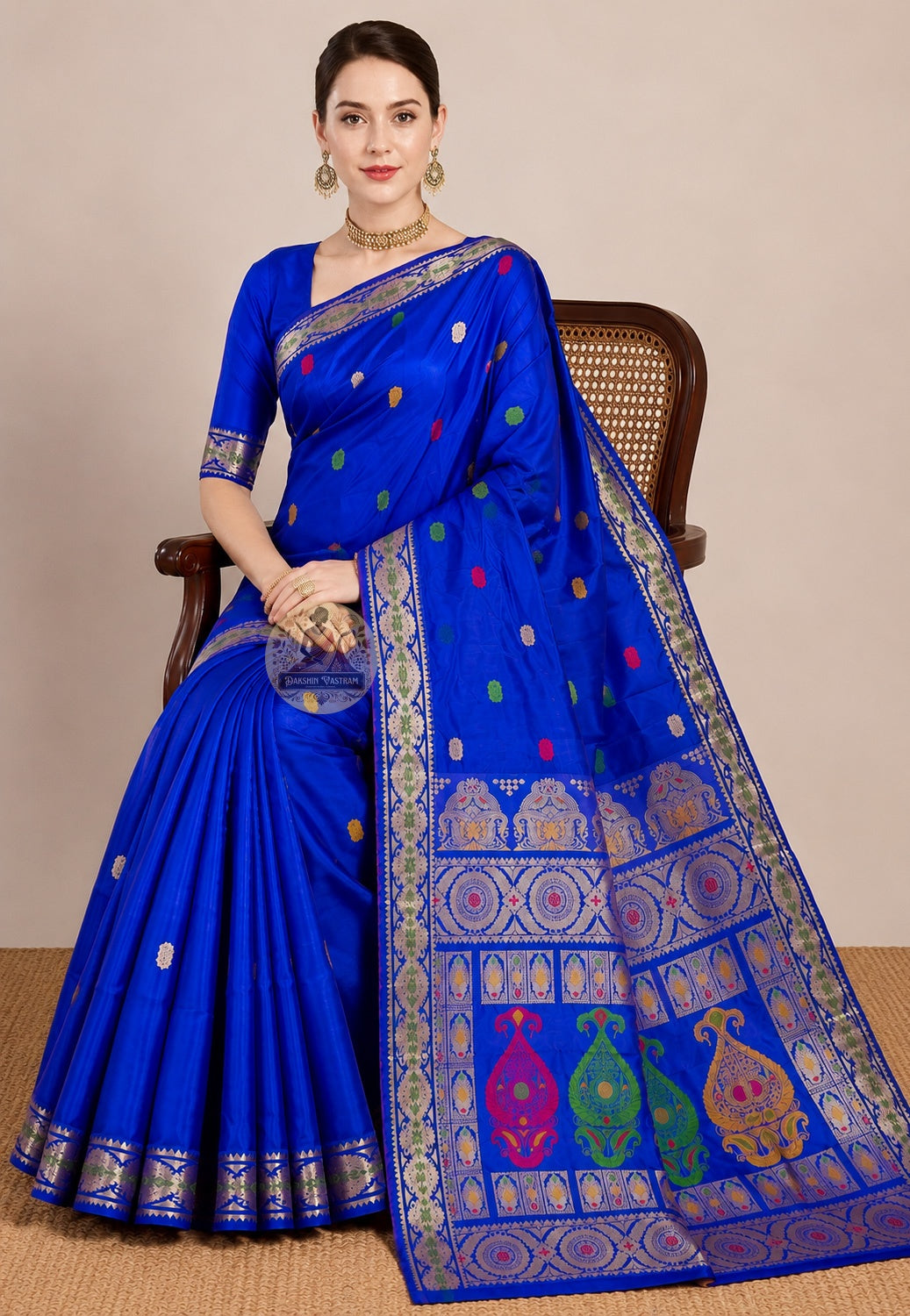Close-up of premium Swarnachari silk saree pallu showing precisely rendered hand-woven golden zari portrait panel with Bengal mythological figures and temple-art scene stated with full clarity