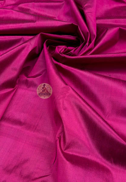 Full saree view of magenta Bishnupur handloom silk saree with a continuous plain design