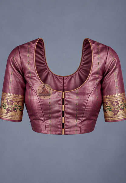 Matching blouse piece included with Swarnachari pure silk Bengal heritage golden zari saree, pre-woven in the same Swarnachari silk by West Bengal handloom artisan weavers