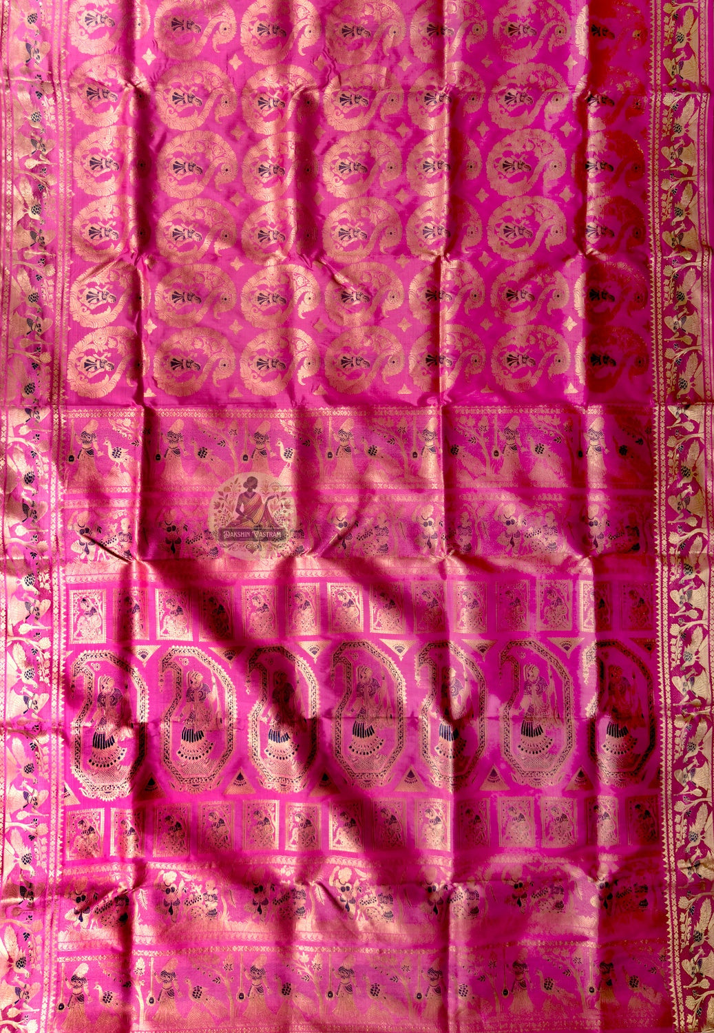 Rear view of Swarnachari Silk Saree displaying pallu with pure golden zari Ganesha with modak heirloom Bishnupur Bengal weave