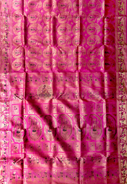 Rear view of Swarnachari Silk Saree displaying pallu with pure golden zari Ganesha with modak heirloom Bishnupur Bengal weave