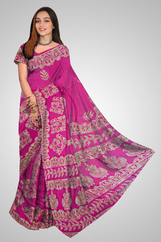 Buy Pure Silk Block Print Saree online – Front view with artisan detailing