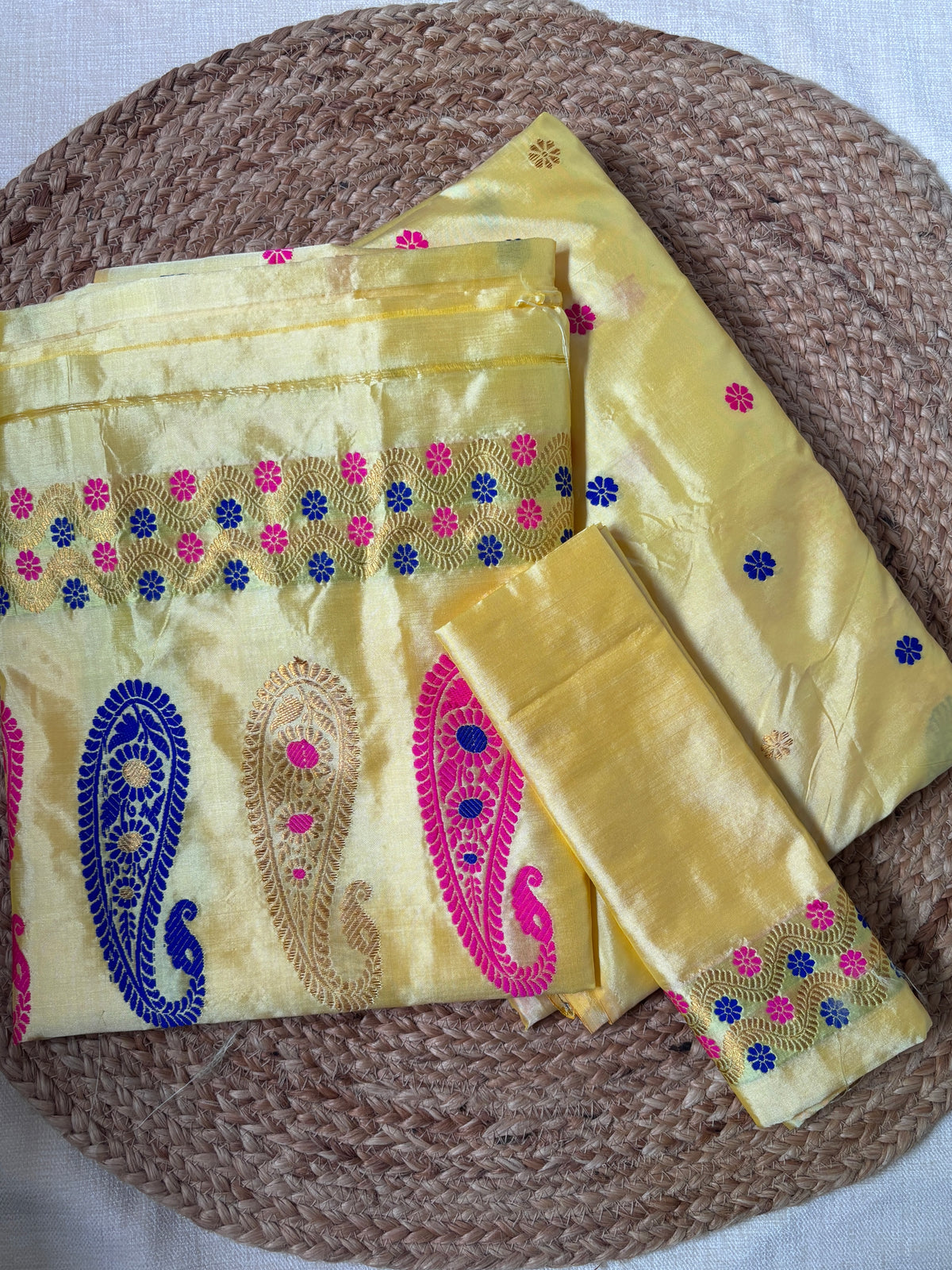 Rear view of Paat Mekhela Chador displaying chador drape with tortoise kashyap water hyacinth jol kumbhi border Sualkuchi Assam handloom