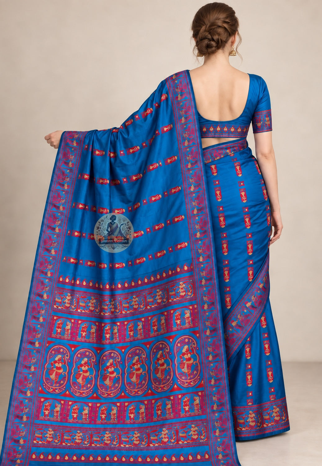 Front view of Baluchari silk saree showing intricate Ramayana narrative panels and pure silk fabric drape