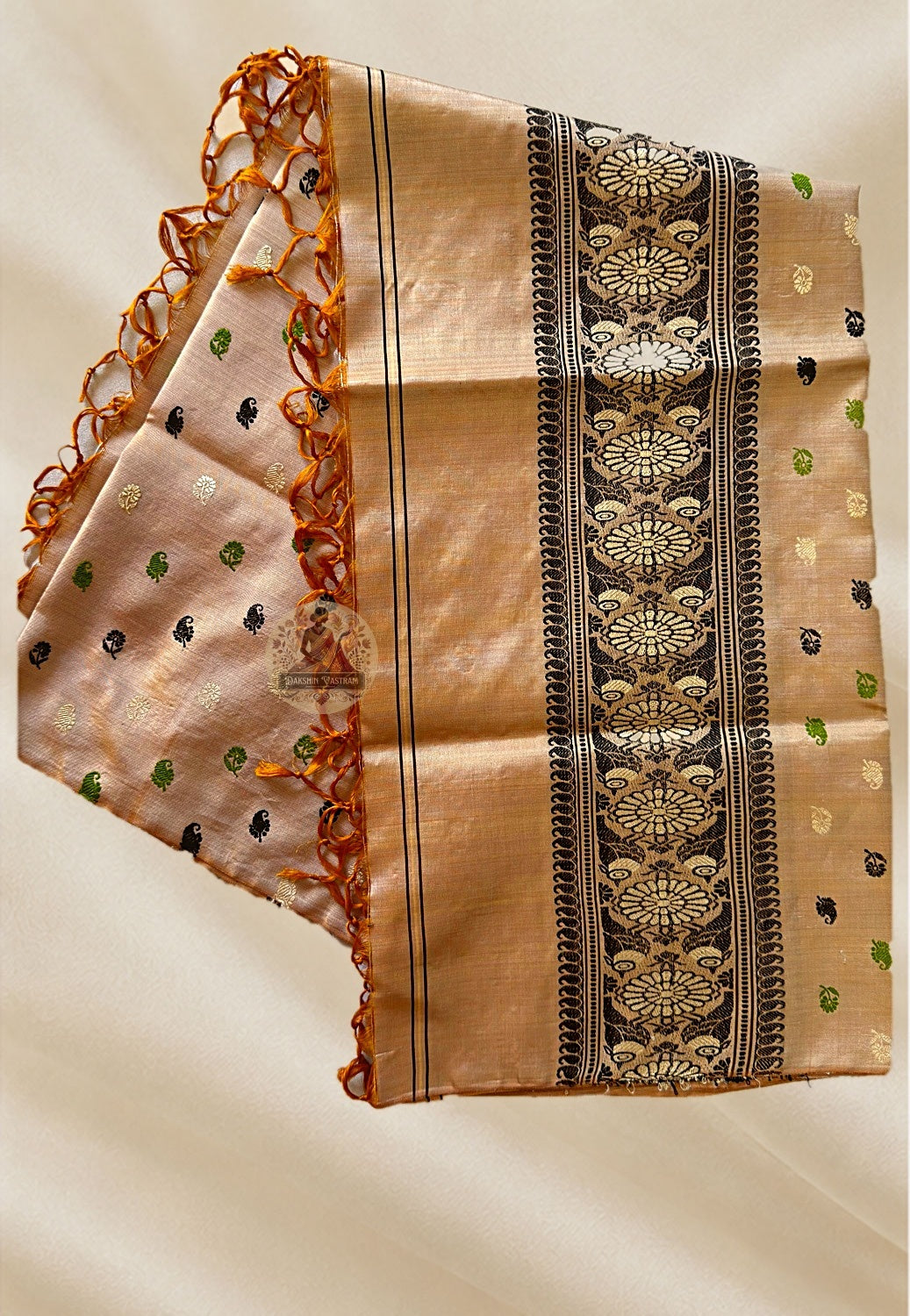 Close-up of Baluchari silk stole weave showing individually woven Ramayana mythology figures and Bishnupur temple art compositions in pure silk thread handloom detail