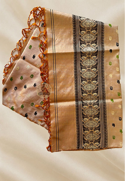 Close-up of Baluchari silk stole weave showing individually woven Ramayana mythology figures and Bishnupur temple art compositions in pure silk thread handloom detail