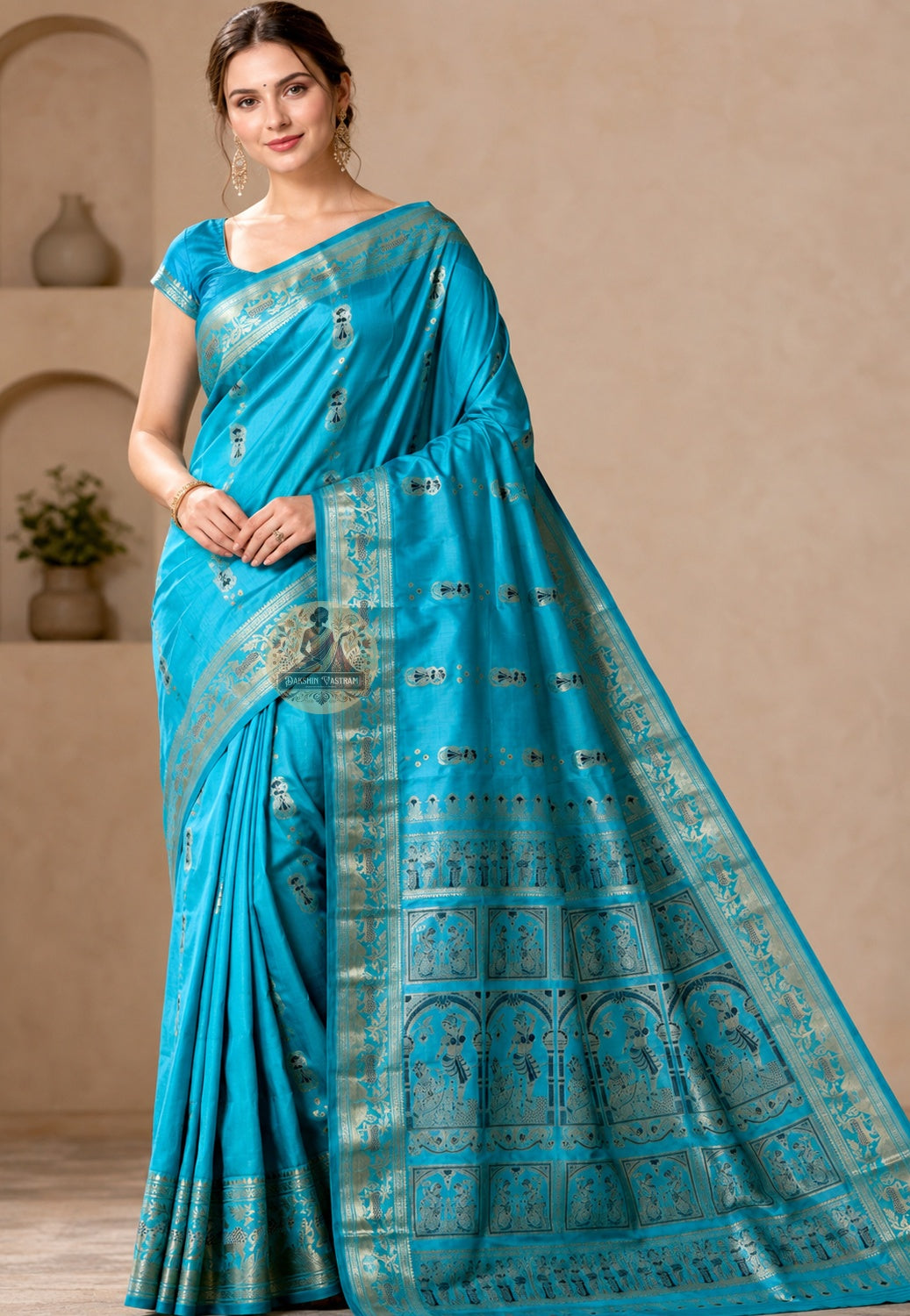 Front view of Swarnachari handloom silk saree with golden zari heritage border and Bengal temple and Mughal court-inspired woven motifs, West Bengal