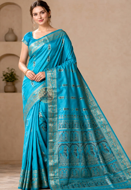 Front view of Swarnachari handloom silk saree with golden zari heritage border and Bengal temple and Mughal court-inspired woven motifs, West Bengal