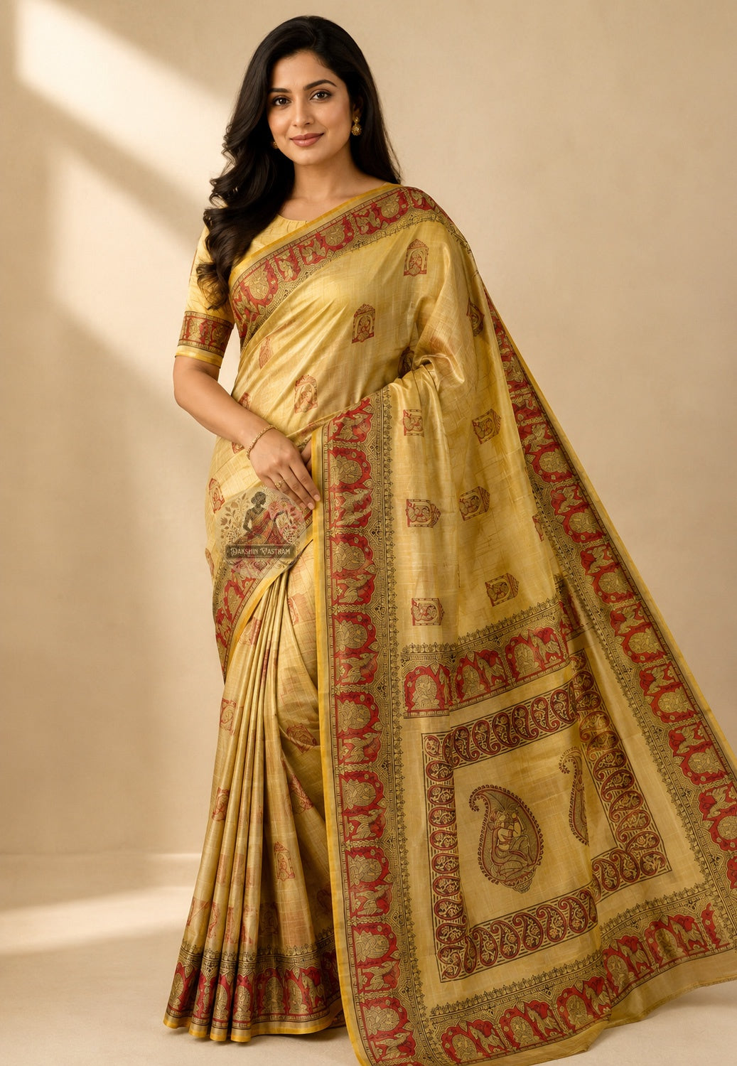 Front view of Bishnupur Katan Silk Saree with handwoven diamond grid and mango buti motifs, West Bengal