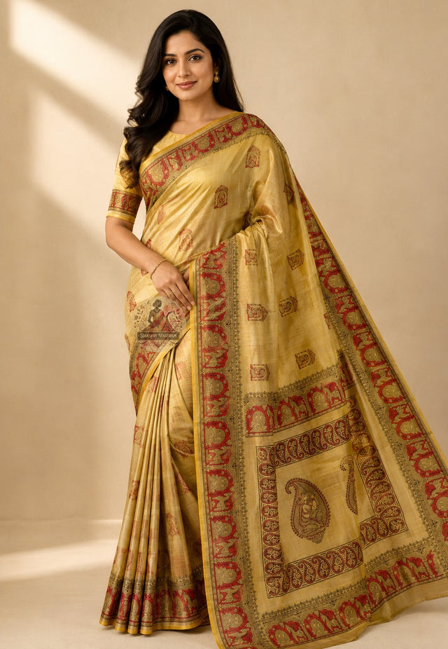 Front view of Bishnupur Katan Silk Saree with handwoven diamond grid and mango buti motifs, West Bengal