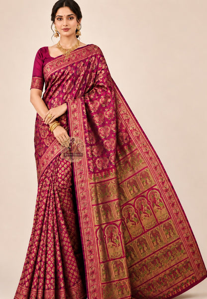 Front view of Swarnachari handloom silk saree with golden zari border mapping Bengal's visual geography through mythological and temple-art territory, West Bengal pit-loom craft