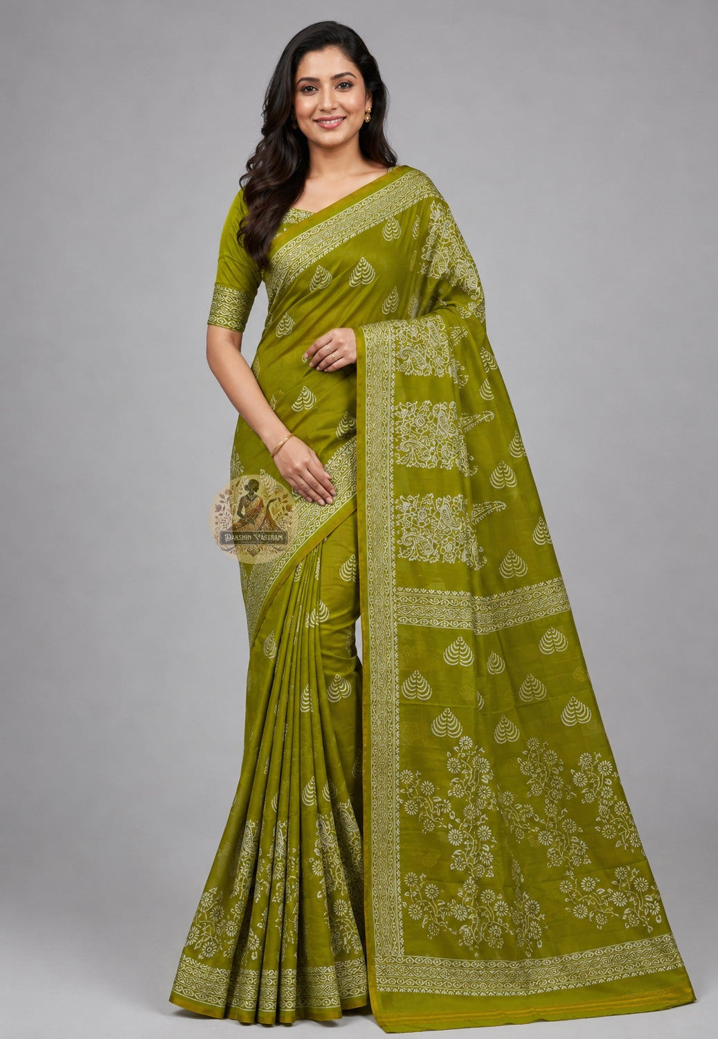 Front view of Bishnupur Pure Katan Silk Saree with temple motifs, handloom woven in West Bengal, draped in traditional style showcasing the ornate border and body