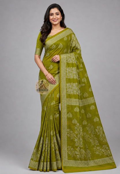 Front view of Bishnupur Pure Katan Silk Saree with temple motifs, handloom woven in West Bengal, draped in traditional style showcasing the ornate border and body