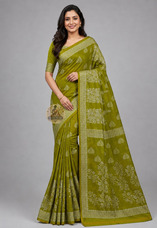 Front view of Bishnupur Pure Katan Silk Saree with temple motifs, handloom woven in West Bengal, draped in traditional style showcasing the ornate border and body