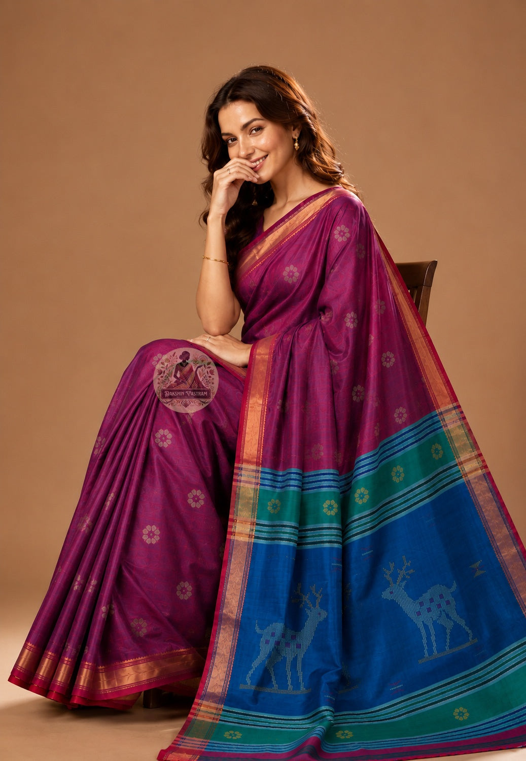 Front view of woman wearing Bishnupur Katan Silk Saree with organza blouse mehendi ceremony daytime wedding occasion
