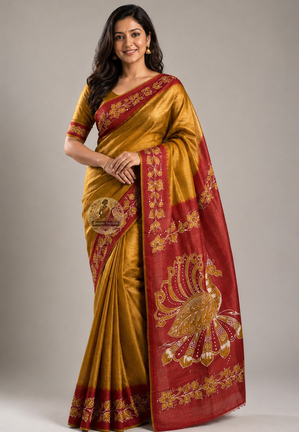 Front view of premium Bishnupur Katan Silk Saree in rare Bengal weave, draped with understated elegance, showcasing deep silk lustre and finely woven traditional border