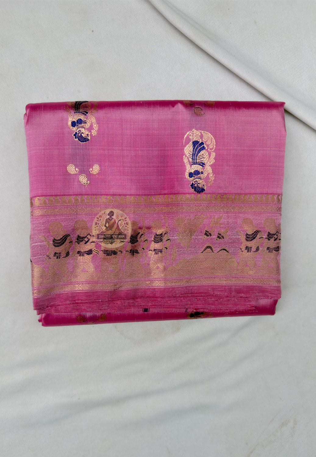 Close-up of golden zari floral vine border detail on Swarnachari Silk Saree Durga Puja Navami Bengal handloom