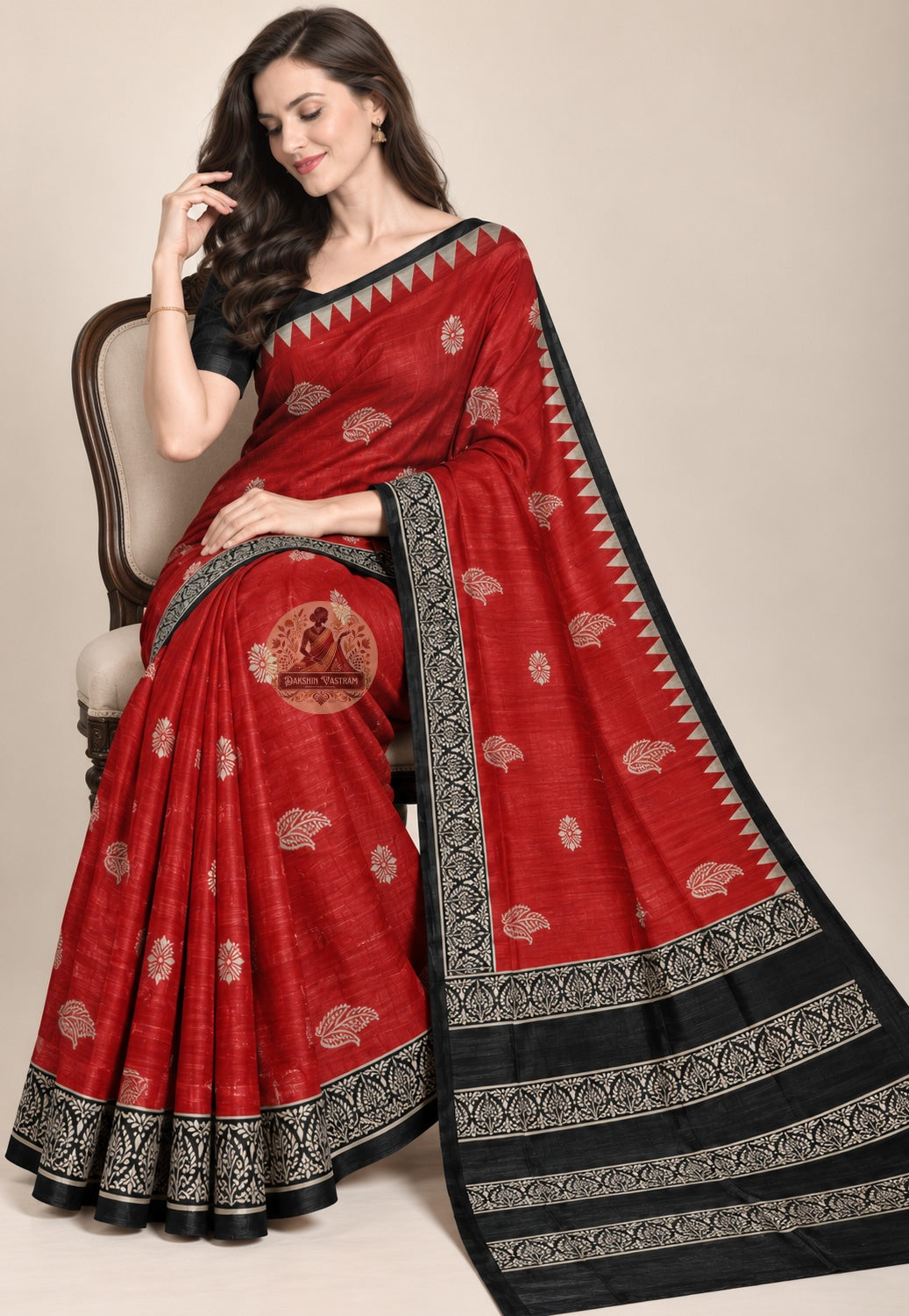 Front view of Ghicha Tussar silk everyday handloom saree showing naturally textured pure Tussar silk surface and understated woven motifs for cultural and office occasions